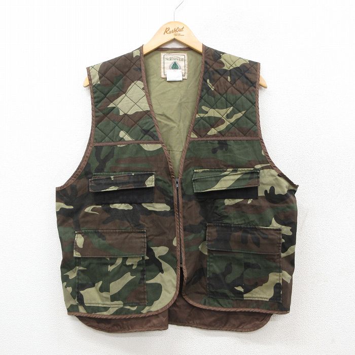 XL★古着 ハンティング ベスト メンズ ウッドランドカモ 濃緑他 グリーン 迷彩 25sep27 中古 アウター