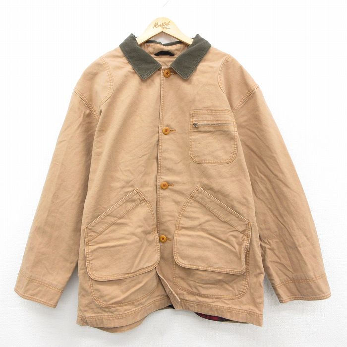 XL★古着 エルエルビーン LLBEAN 長袖 ジャケット カバーオール メンズ 00年代 00s 襟コーデュロイ ダック地 大きいサイズ ロング丈 コットン ベージュ カーキ 内側フランネル 【spe】 25sep27 中古 アウター