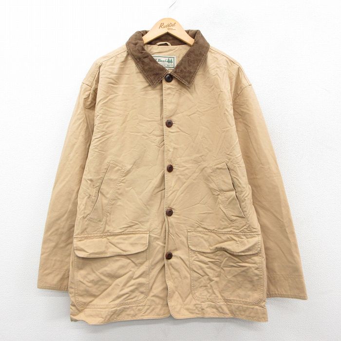 【20%OFF】XL★古着 エルエルビーン LLBEAN 長袖 カバーオール メンズ 00年代 00s ロング丈 襟コーデュロイ コットン ベージュ カーキ 25oct01 中古 アウター