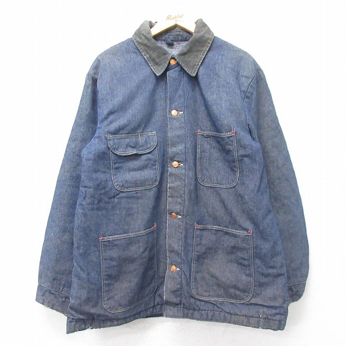 XL★古着 長袖 カバーオール メンズ 80年代 80s 襟コーデュロイ 大きいサイズ 紺 ネイビー デニム他 内側ブランケット 【spe】 25oct22 中古 アウター