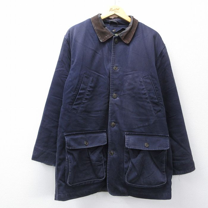 XL★古着 ランズエンド 長袖 カバーオール メンズ 00年代 00s 襟レザー ロング丈 コットン 紺 ネイビー 内側キルティング 25oct24 中古 アウター
