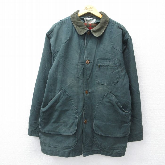 XL★古着 エルエルビーン LLBEAN 長袖 カバーオール メンズ 90年代 90s 襟コーデュロイ ダック地 大きいサイズ ロング丈 コットン USA製 緑 グリーン 【spe】 25oct24 中古 アウター