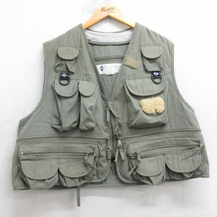 XL★古着 コロンビア フィッシング ベスト メンズ 90年代 90s PFG 襟フリース 濃緑系 25nov15