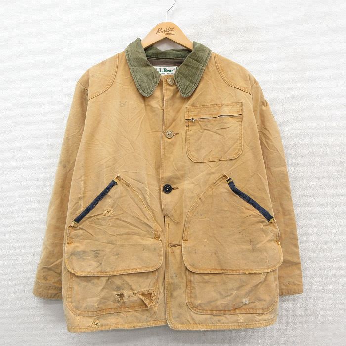 XL★古着 エルエルビーン 長袖 カバーオール メンズ 80年代 80s 襟コーデュロイ ダック地 ベージュ 25nov20