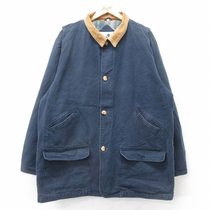 XL★古着 長袖 カバーオール メンズ 00年代 00s 襟コーデュロイ ダック地 大きいサイズ ロング丈 紺他 内側フランネル 25nov29