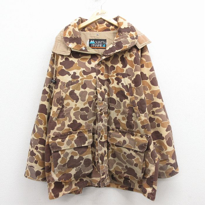 XL★古着 長袖 ハンティング マウンテン ジャケット パーカー メンズ 90年代 90s ダックハンターカモ ロング丈 ラグラン 茶 迷彩 25dec03