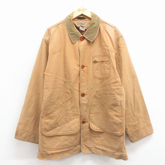 XL★古着 エルエルビーン 長袖 ハンティング ジャケット メンズ 00年代 00s ダック地 ロング丈 襟コーデュロイ コットン 茶 25dec19