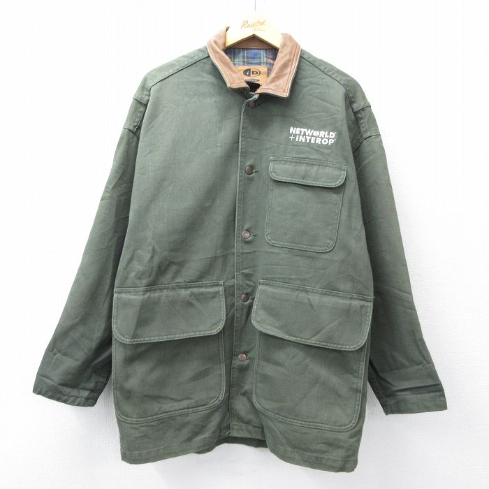 XL★古着 長袖 ジャケット メンズ 00年代 00s NETWORLD 襟レザー コットン 濃緑 内側フランネル 26jan19