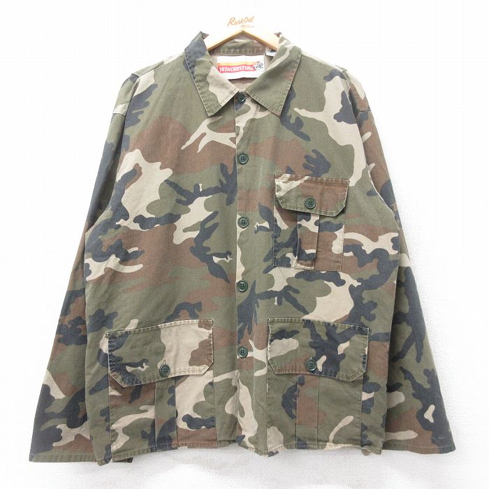 XL★古着 長袖 ハンティング ジャケット メンズ 00年代 00s ウッドランドカモ 大きいサイズ コットン 茶他 迷彩 26jan20