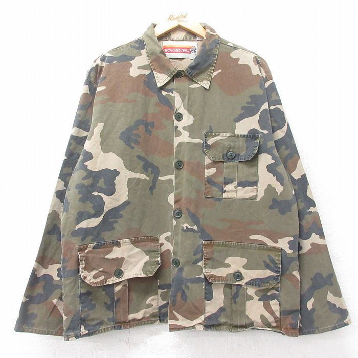 XL★古着 長袖 ハンティング ジャケット メンズ 00年代 00s ウッドランドカモ 大きいサイズ コットン 茶他 迷彩 26jan20