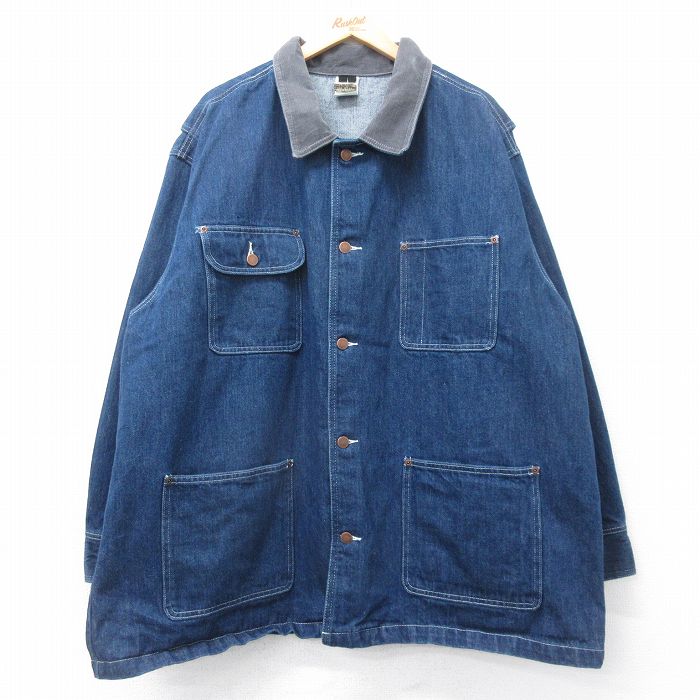 XL★古着 長袖 カバーオール メンズ 90年代 90s 襟コーデュロイ 大きいサイズ ロング丈 コットン カナダ製 濃紺 デニム【spe】26feb03