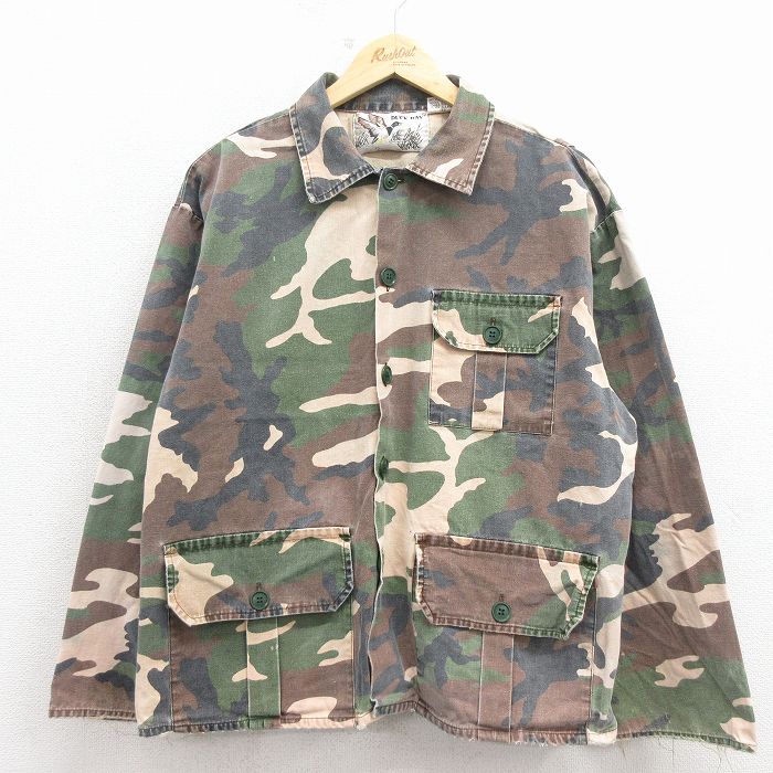 XL★古着 長袖 ハンティング ジャケット メンズ 90年代 90s ウッドランドカモ 大きいサイズ コットン 緑 迷彩 26mar11