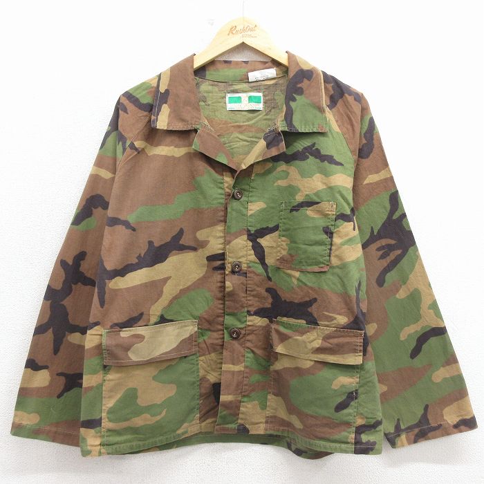 XL★古着 長袖 ハンティング ジャケット メンズ 80年代 80s ウッドランドカモ コットン 開襟 オープンカラー ラグラン 茶 迷彩 26mar11