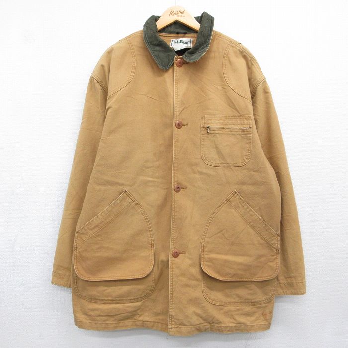 XL★古着 エルエルビーン 長袖 ハンティング ジャケット メンズ 80年代 80s ダック地 襟コーデュロイ 大きいサイズ ロング丈 コットン USA製 ブラウン 内側ブランケット【spe】 26aug10