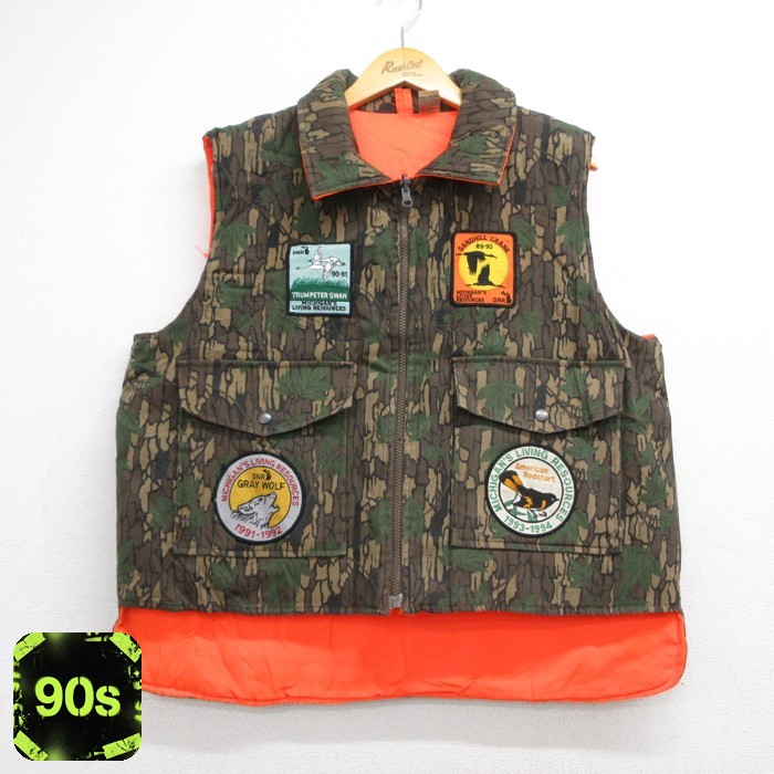 カバーオール 90s ハンティングベスト リバーシブル ワッペン ベージュ メンズXL相当 | 古着