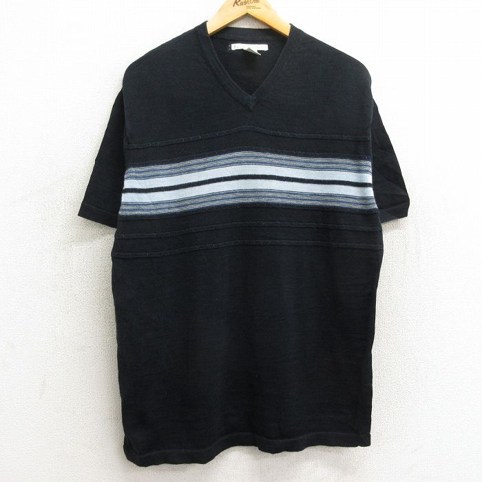 L★古着 ペリーエリス 半袖 セーター メンズ 90年代 90s リネン Vネック 黒他 ブラック 24may06 中古 トップス