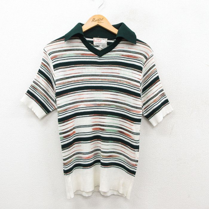 XS★古着 半袖 ビンテージ セーター メンズ 70年代 70s 襟付き アクリル 開襟 オープンカラー 白他 ホワイト ボーダー 25sep27 中古 トップス