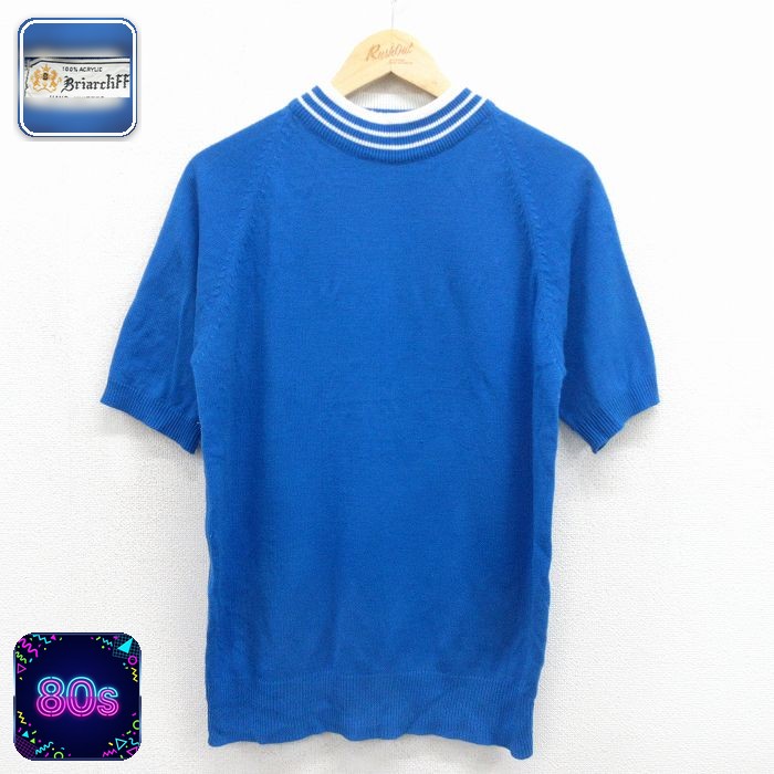 【20%OFF】80s 半袖セーター ハンドニット ブルー メンズL相当 | 古着