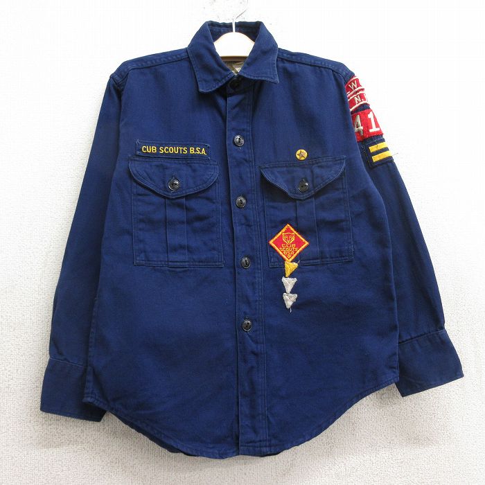 【50%OFF】古着 長袖 ビンテージ ボーイスカウト シャツ キッズ ボーイズ 子供服 70年代 70s ワッペン 紺 ネイビー 24jan16