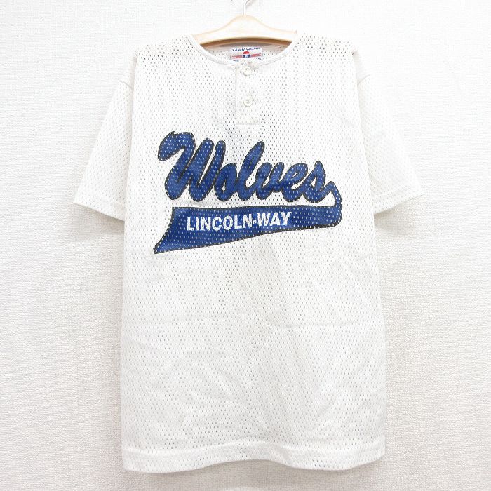 古着 半袖 ビンテージ Tシャツ キッズ ボーイズ 子供服 90年代 90s wolves メッシュ地 ヘンリーネック USA製 白 ホワイト 24feb20