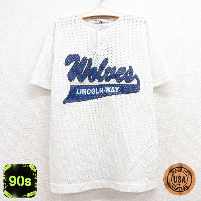 【50%OFF】半袖 ビンテージ Tシャツ キッズ ボーイズ 子供服 90s wolves メッシュ地 ヘンリーネック USA製 白 ホワイト | 古着