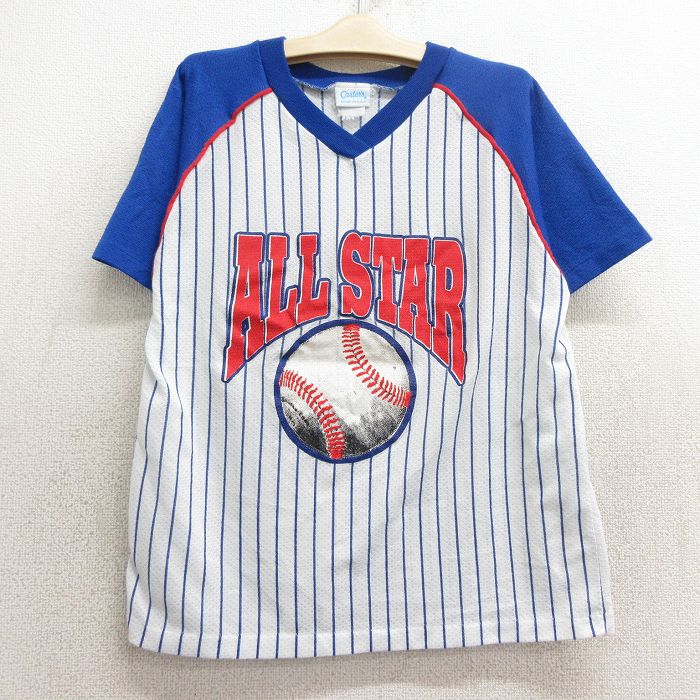 古着 半袖 ビンテージ シャツ キッズ ボーイズ 子供服 90年代 90s オールスター 野球 ベースボール ラグラン メッシュ地 Vネック USA製 白他 ホワイト ストライプ 24apr13