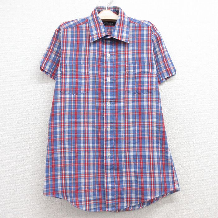 古着 半袖 シャツ キッズ ボーイズ 子供服 80年代 80s 薄紺他 ネイビー チェック 24jun17