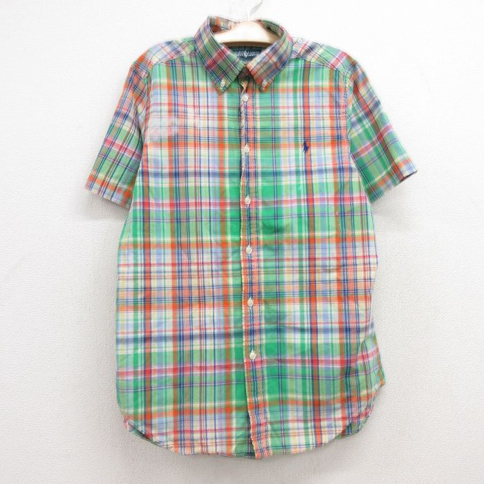 古着 ラルフローレン Ralph Lauren 半袖 ブランド シャツ キッズ ボーイズ 子供服 90年代 90s ワンポイントロゴ コットン ボタンダウン 緑他 グリーン チェック 24jun19