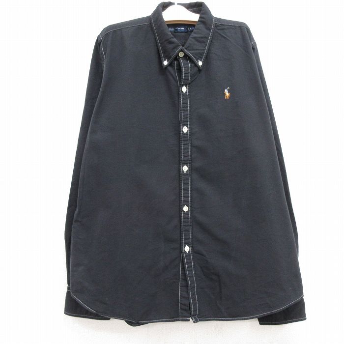 【50%OFF】古着 ラルフローレン Ralph Lauren 長袖 ブランド シャツ キッズ ボーイズ 子供服 ワンポイントロゴ オックスフォード コットン ボタンダウン 黒 ブラック 24jul04
