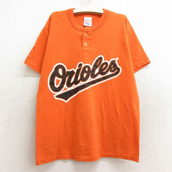 古着 マジェスティック 半袖 ビンテージ Tシャツ キッズ ボーイズ 子供服 80年代 80s MLB ボルチモアオリオールズ ヘンリーネック オレンジ メジャーリーグ ベースボール 野球 24jul24