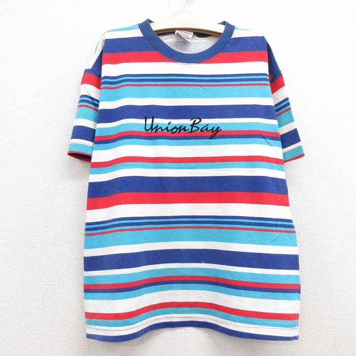 古着 ユニオンベイ 半袖 ビンテージ Tシャツ キッズ ボーイズ 子供服 90年代 90s ビッグロゴ 刺繍 コットン クルーネック USA製 青他 ブルー ボーダー 【spe】 24aug02