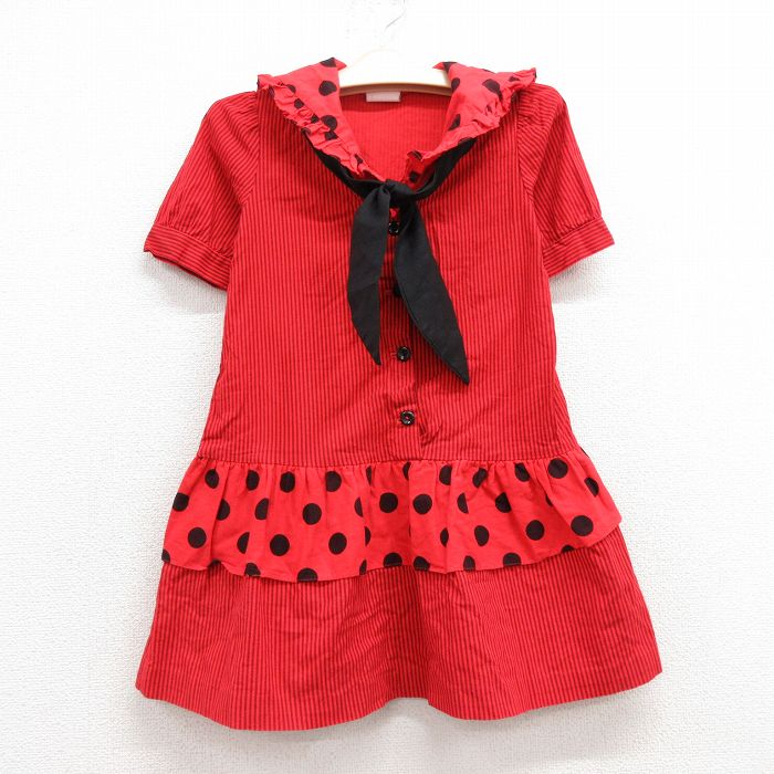 古着 半袖 ワンピース キッズ ガールズ 子供服 90年代 90s コットン 赤他 レッド ストライプ 24aug05