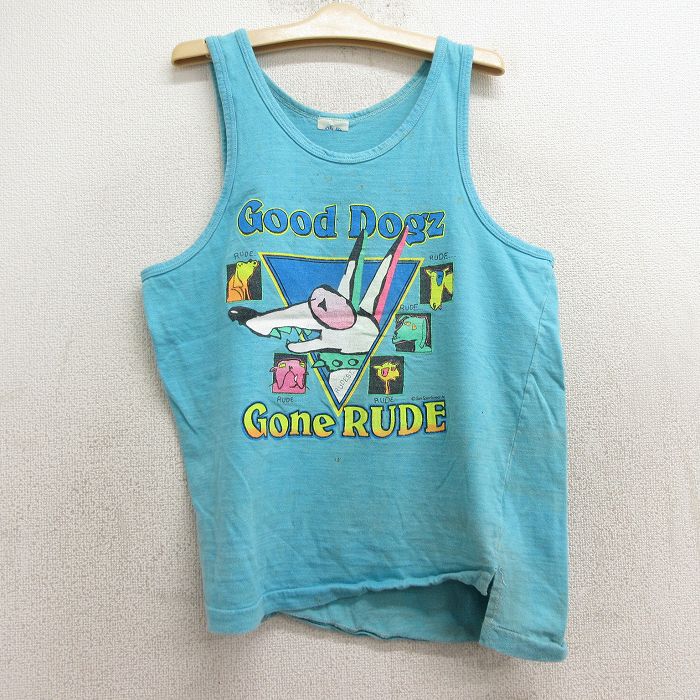 古着 ビンテージ タンクトップ キッズ ボーイズ 子供服 80年代 80s 犬 クルーネック 水色 24aug19
