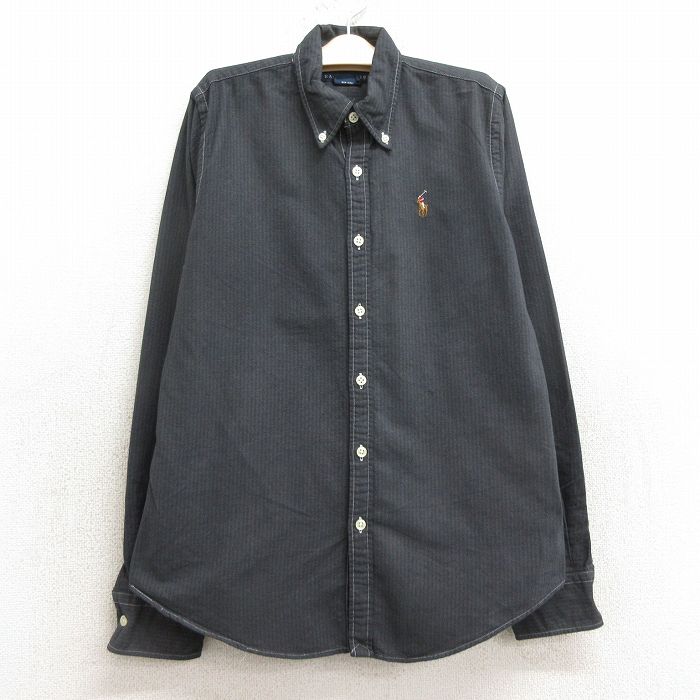 古着 ラルフローレン Ralph Lauren 長袖 ブランド シャツ キッズ ボーイズ 子供服 90年代 90s ワンポイントロゴ オックスフォード コットン ボタンダウン 濃グレー ストライプ 24aug26