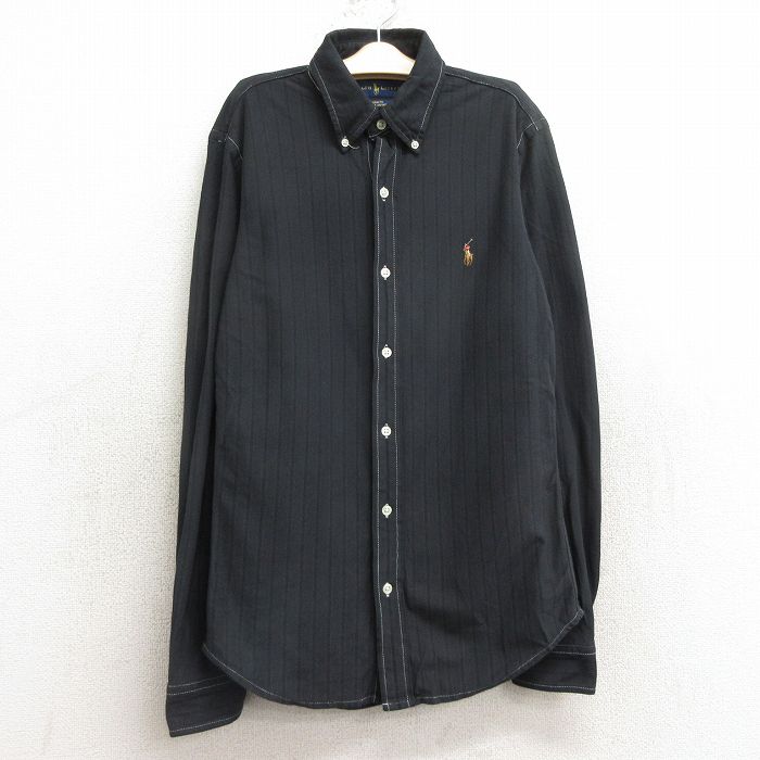 古着 ラルフローレン Ralph Lauren 長袖 ブランド シャツ キッズ ボーイズ 子供服 ワンポイントロゴ 鹿の子 コットン ボタンダウン 濃グレー ストライプ 24aug31