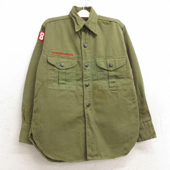 古着 長袖 ビンテージ ボーイスカウト シャツ キッズ ボーイズ 子供服 60年代 60s ワッペン マチ付き 濃緑 グリーン 24sep07
