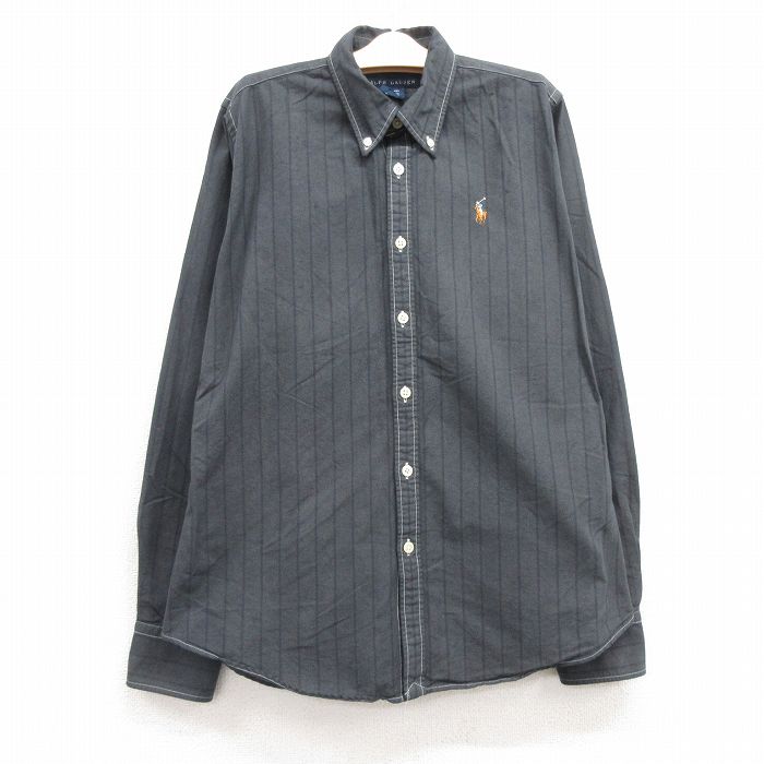 古着 ラルフローレン Ralph Lauren 長袖 ブランド シャツ キッズ ボーイズ 子供服 ワンポイントロゴ オックスフォード コットン ボタンダウン 黒系 ブラック ストライプ 24oct22