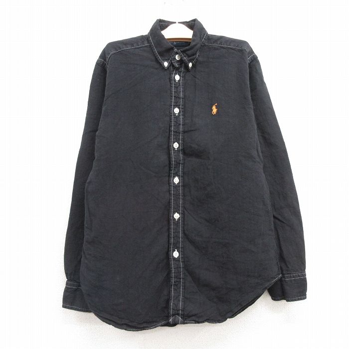 【50%OFF】古着 ラルフローレン Ralph Lauren 長袖 ブランド シャツ キッズ ボーイズ 子供服 90年代 90s ワンポイントロゴ リネン ボタンダウン 黒 ブラック 24oct22