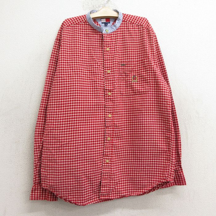 古着 トミーヒルフィガー TOMMY HILFIGER 長袖 ブランド シャツ キッズ ボーイズ 子供服 90年代 90s ワンポイントロゴ コットン ノーカラー 赤他 レッド チェック 24nov06