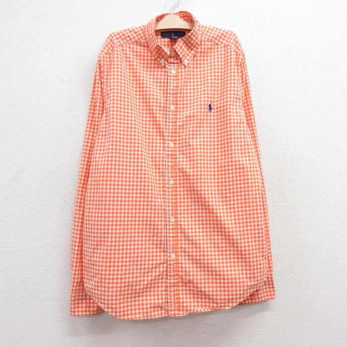 【50%OFF】古着 ラルフローレン Ralph Lauren 長袖 ブランド シャツ キッズ ボーイズ 子供服 ワンポイントロゴ コットン ボタンダウン オレンジ他 ギンガム チェック 24dec05