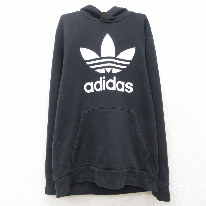 【50%OFF】古着 アディダス adidas 長袖 スウェット パーカー キッズ ボーイズ 子供服 ビッグロゴ リーフトレフォイル 黒 ブラック 24dec26