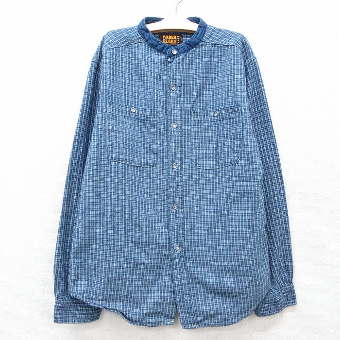 【50%OFF】古着 FADED GLORY 長袖 シャツ キッズ ボーイズ 子供服 00年代 00s コットン ノーカラー 紺他 ネイビー チェック 25jan07