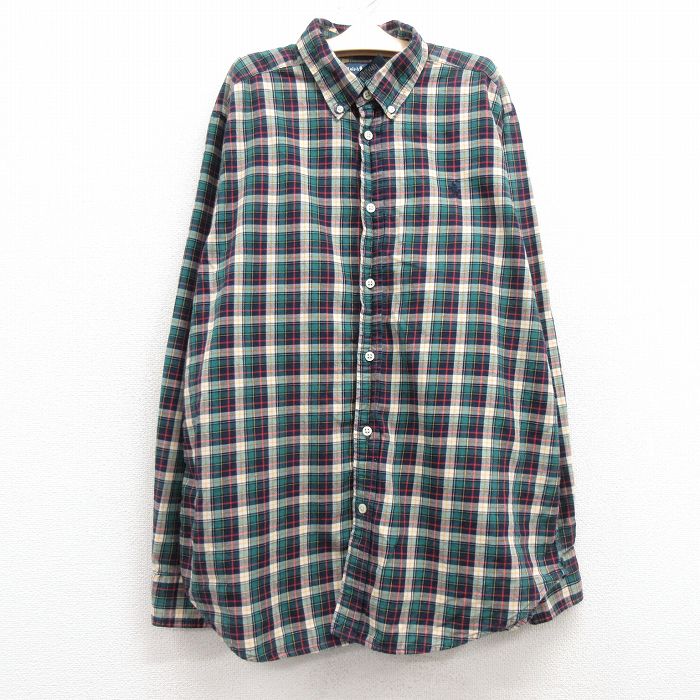 【20%OFF】古着 ラルフローレン Ralph Lauren 長袖 ブランド シャツ キッズ ボーイズ 子供服 90年代 90s ワンポイントロゴ コットン ボタンダウン 緑他 グリーン チェック 25jan23