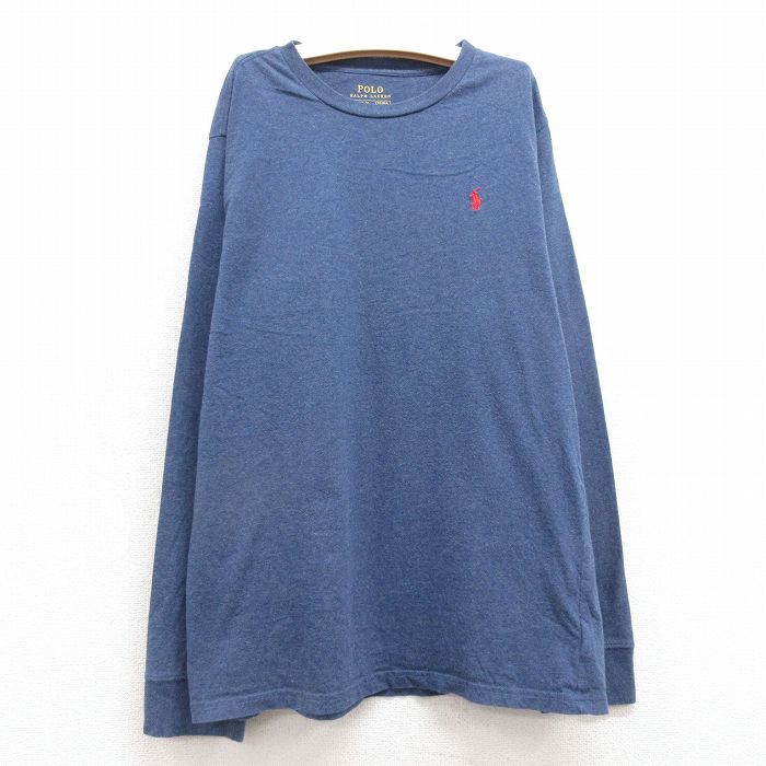 【50%OFF】古着 ラルフローレン Ralph Lauren 長袖 ブランド Tシャツ キッズ ボーイズ 子供服 ワンポイントロゴ コットン クルーネック 紺 ネイビー 霜降り 25jan30