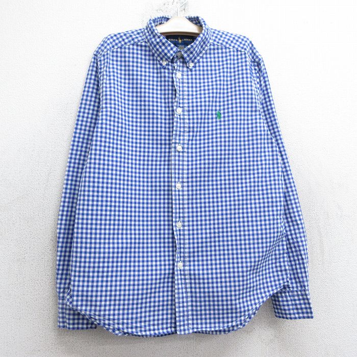 古着ラルフローレン 長袖 ブランド シャツ キッズ ボーイズ 子供服 ワンポイントロゴ コットン ボタンダウン 青他 ブルー ギンガム チェック 25feb01