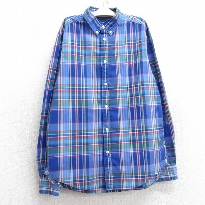 古着 ラルフローレン Ralph Lauren 長袖 ブランド シャツ キッズ ボーイズ 子供服 ワンポイントロゴ コットン ボタンダウン 青他 ブルー チェック 25feb06