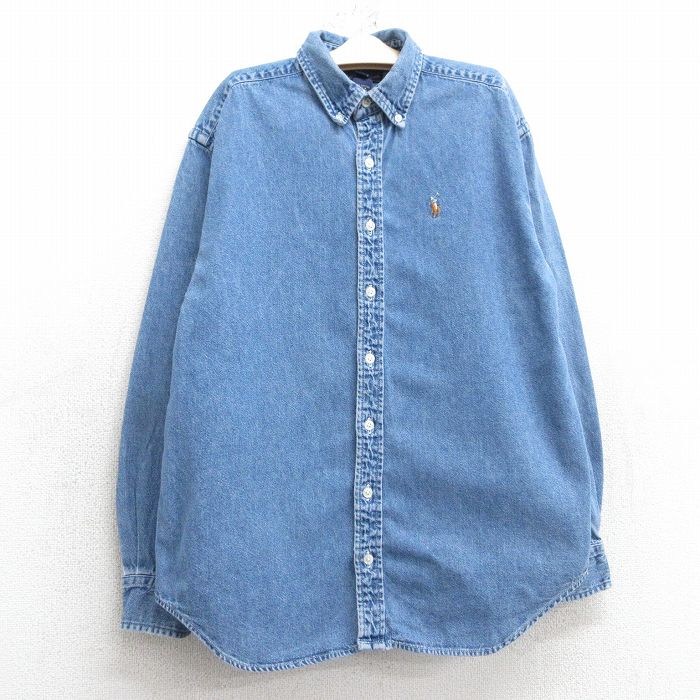 古着 ラルフローレン Ralph Lauren 長袖 ブランド シャツ キッズ ボーイズ 子供服 90年代 90s ワンポイントロゴ コットン ボタンダウン 紺 ネイビー デニム 【spe】 25feb06
