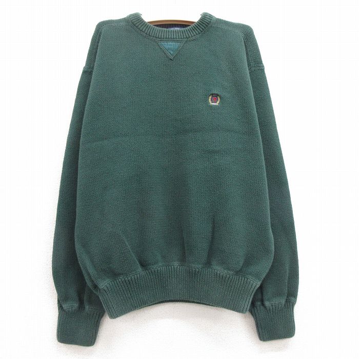 古着 トミーヒルフィガー TOMMY HILFIGER 長袖 ブランド セーター キッズ ボーイズ 子供服 90年代 90s ワンポイントロゴ コットン クルーネック 緑 グリーン 25feb13