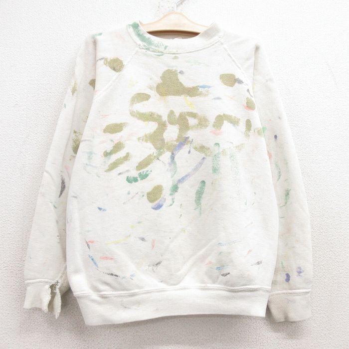 古着 長袖 スウェット キッズ ボーイズ 子供服 80年代 80s ハンドペイント ラグラン クルーネック 白他 ホワイト 25feb13