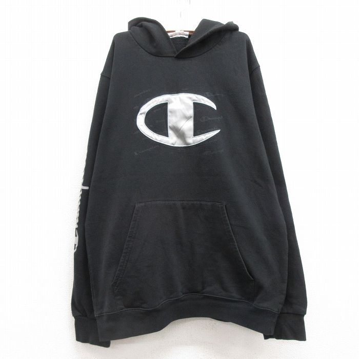 【50%OFF】古着 チャンピオン champion 長袖 スウェット パーカー キッズ ボーイズ 子供服 ビッグロゴ 黒 ブラック 25feb13